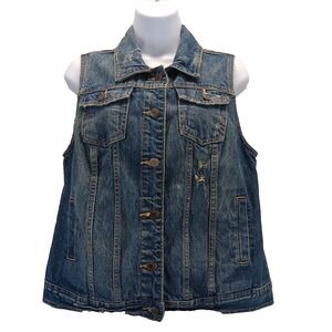 Mossimo Women Sz L Blue Denim Jean Vest Distressed Button Up Trucker Western Y2K